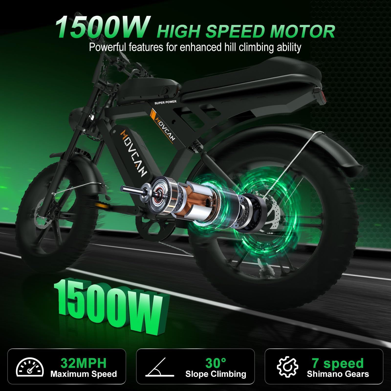 Movcan V30Max Dual Battery Electric Bike for Adult, 1500W 20" Fat Tire 48V 31.2AH Removable Battery, 32MPH 7-Speed Hydraulic Brake Off-Road Mountain Ebike UL2849