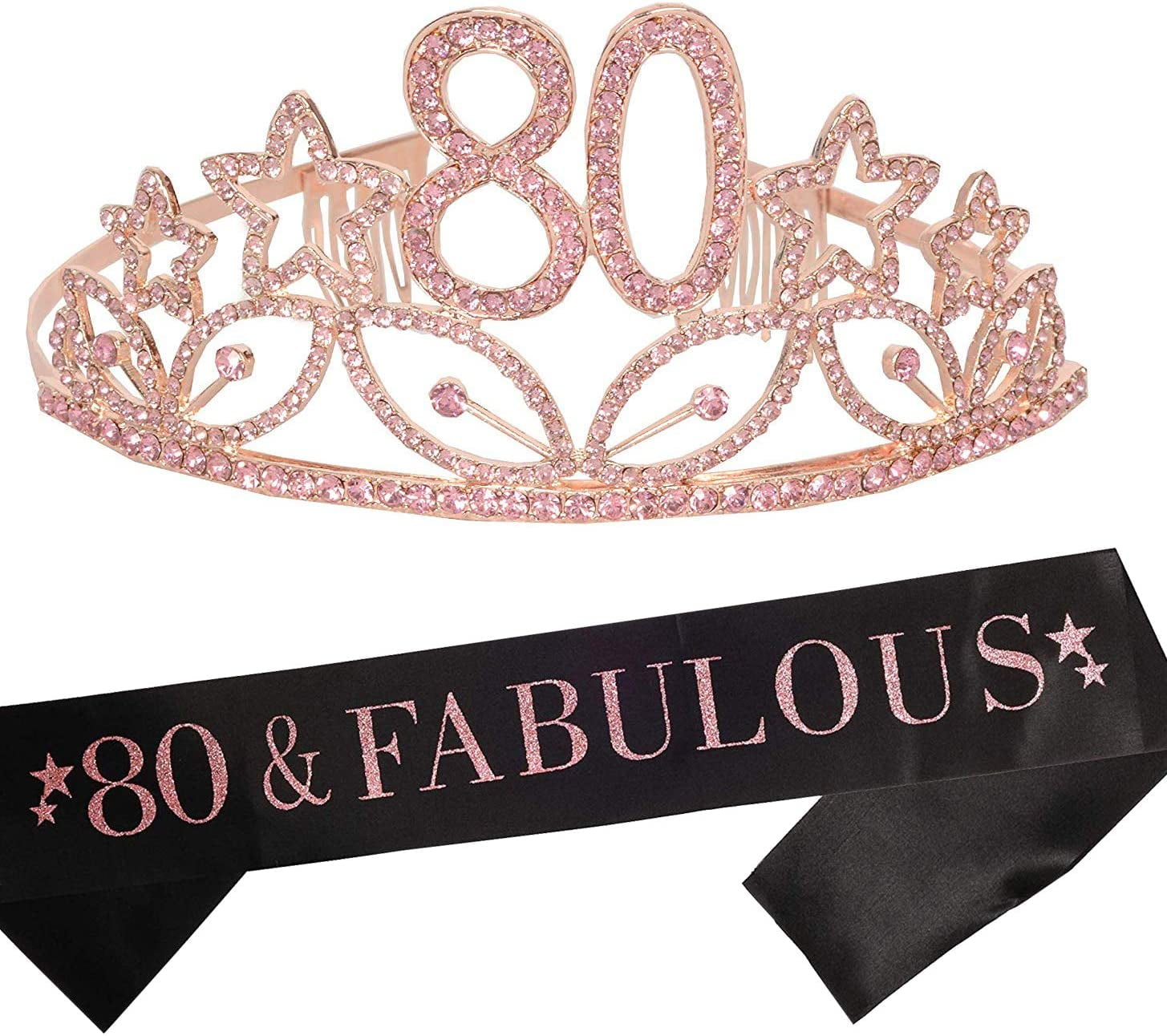 Pink Tiara+Black Sash 80th Birthday Tiara and Sash 80th Birthday Crown and Sash Tiara and Sash For 80th Birthday Party Supplies