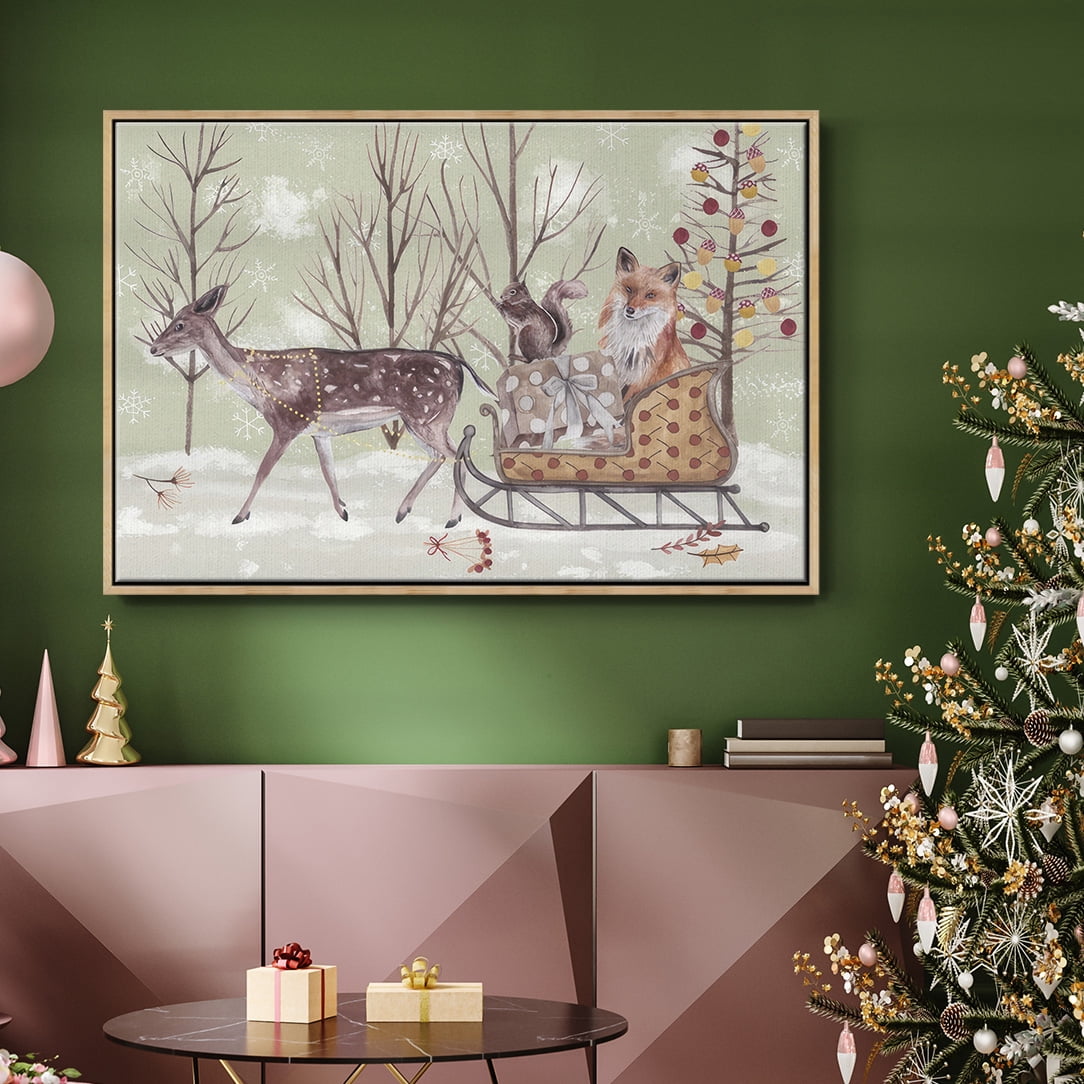 Christmas Time Collection A - Framed Gallery Wrapped Holiday Canvas - 25 x 37 - Natural Wood Frame