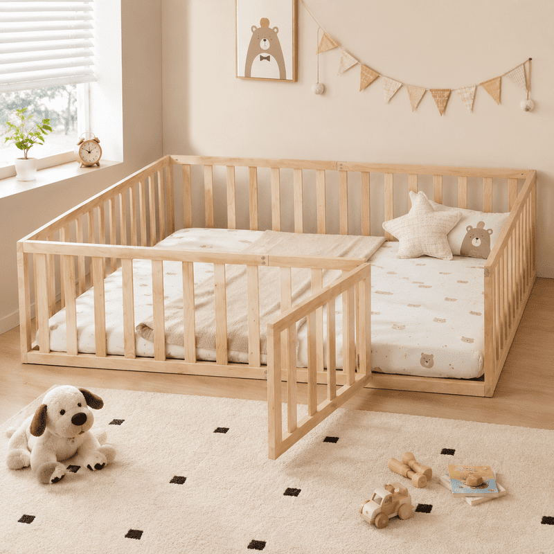 Full Size Floor Bed Platform Bed with Fence and Door, Wooden Montessori Bed Toddler Bed Kids Playhouse Bed with Guardrails for Boys Girls, No Slats