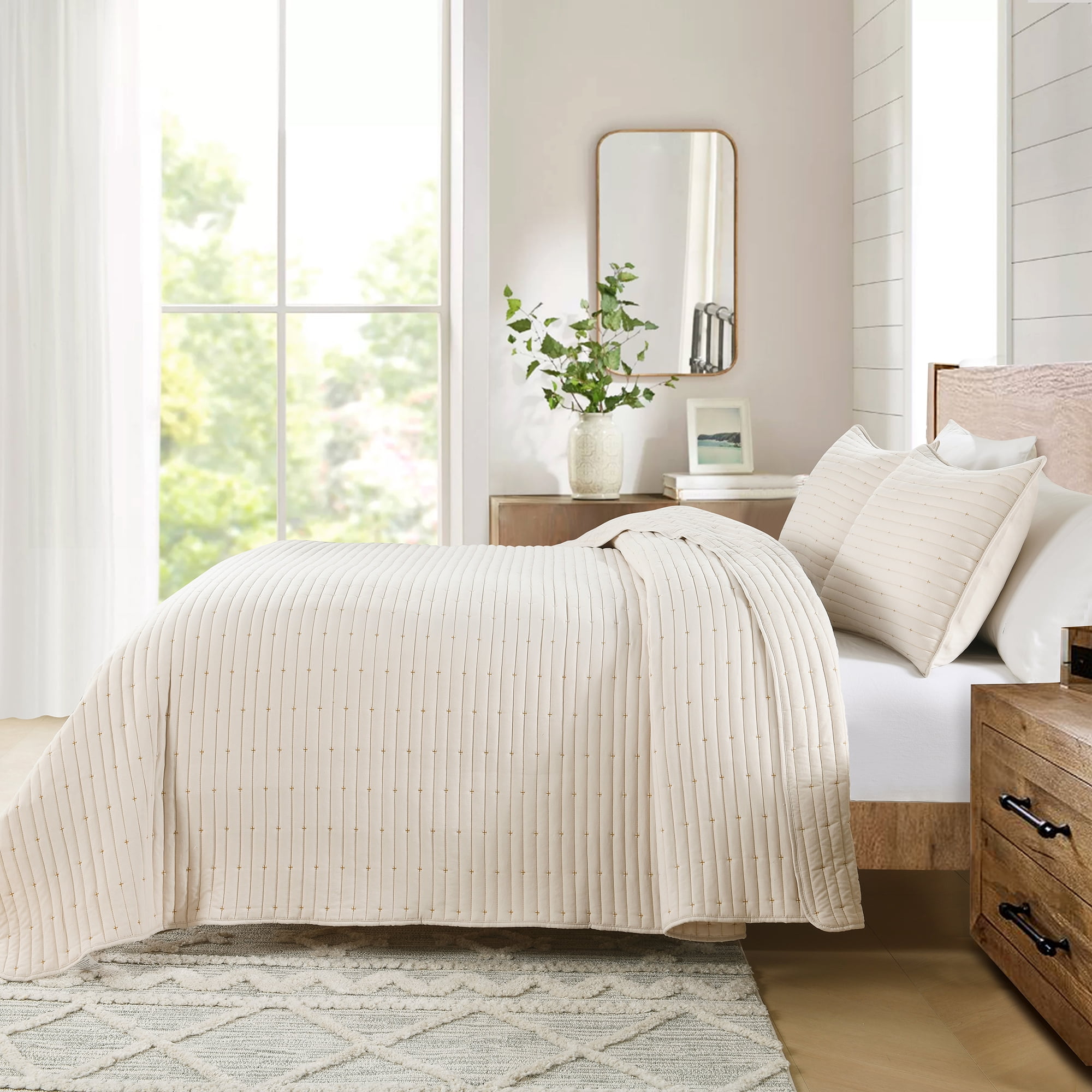 3-Piece Queen Size Quilt Set, GREAGLE Soft Lightweight Quilt for Queen Bed, Wabi Sabi Style Alternative Down Cotton Warmer Comforter /Bedspread /Bedding Set with Pillow Shams, 90 x 90 inch, Beige