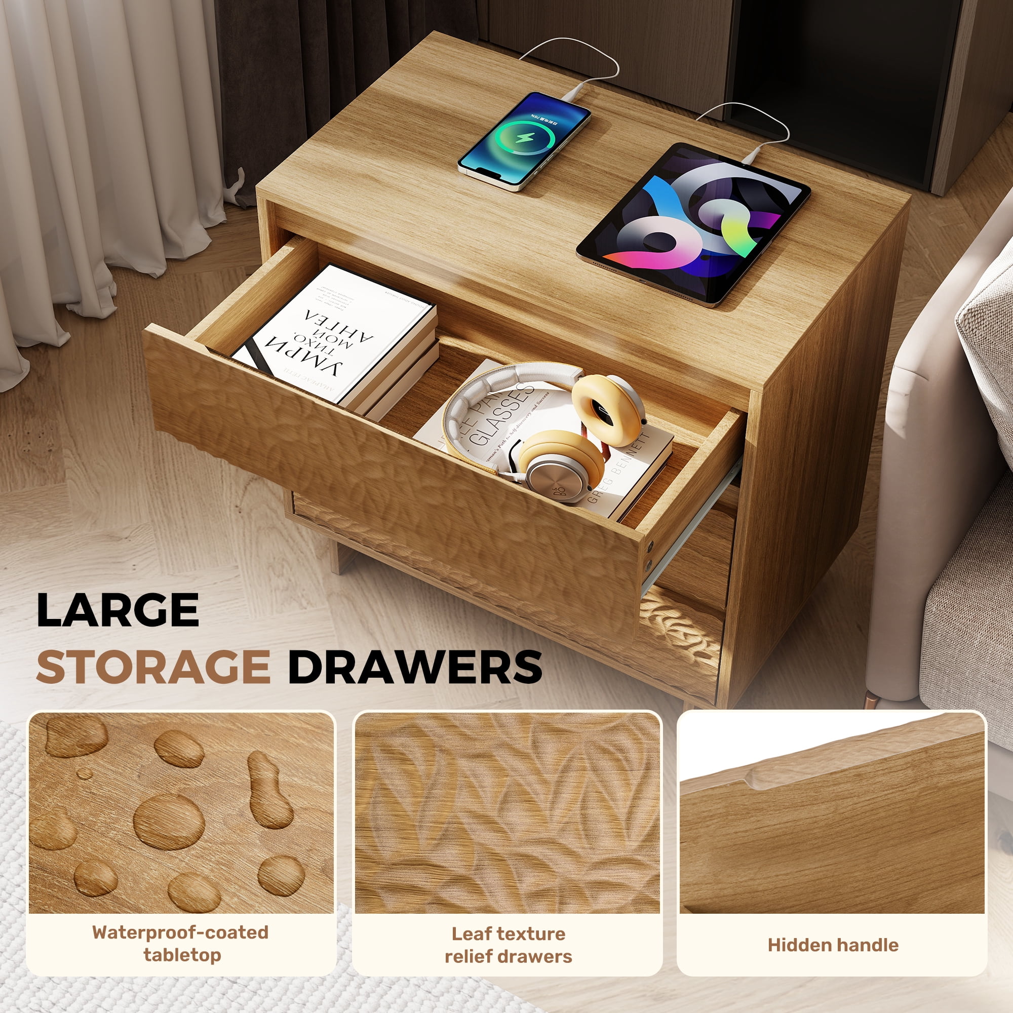 MOONMISS 3 Drawers Nightstand with Charging Station, Wood Night Stand with Waterproof Table Top for Bedroom, Livingroom, Natural Wood