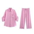 thumbnail image 5 of HH TRAF 2024 Traje de pantalón largo de pierna ancha de moda con cordones y camisa de un solo pecho con media manga y solapa de color liso para mujer, 5 of 5