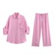 thumbnail image 5 of HH TRAF 2024 Traje de pantalón largo de pierna ancha de moda con cordones y camisa de un solo pecho con media manga y solapa de color liso para mujer, 5 of 5