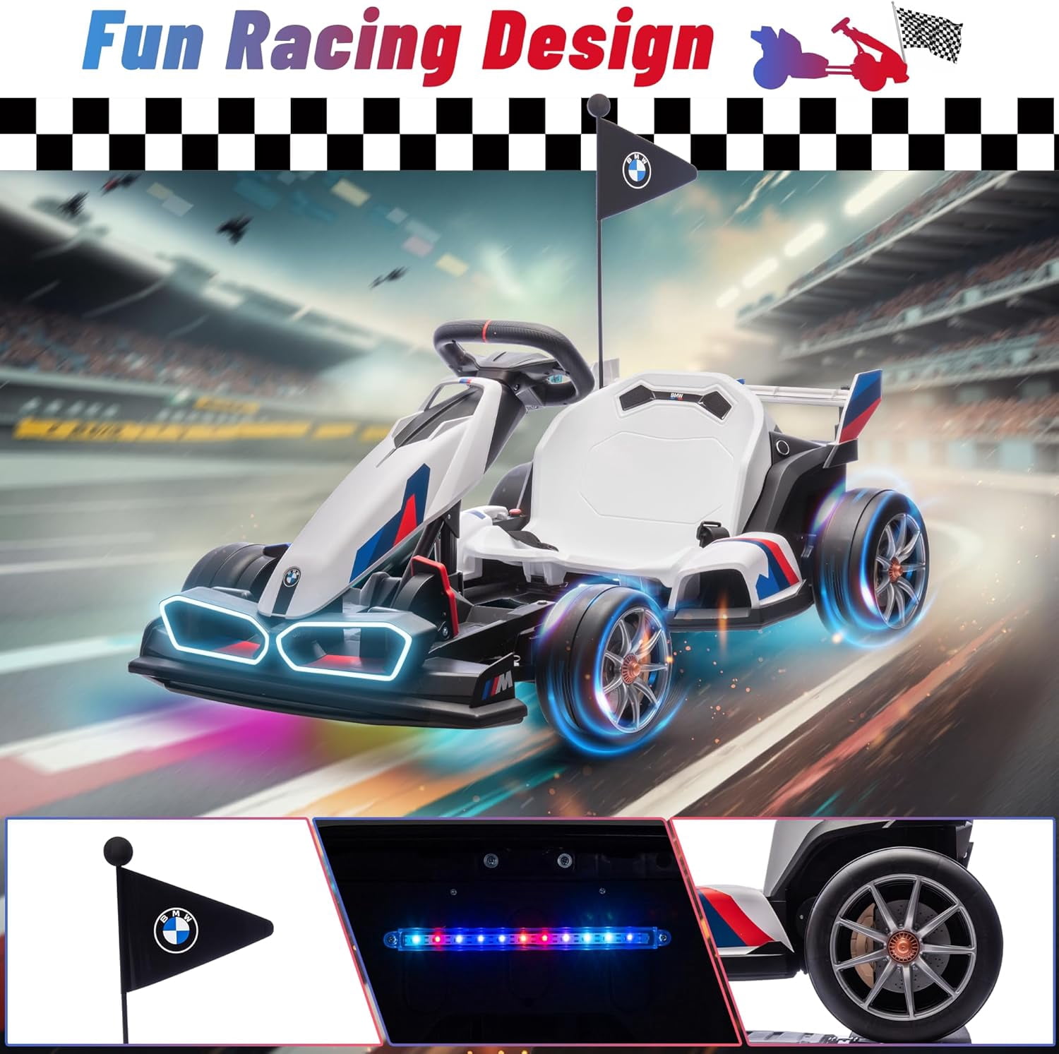 Licensed BMW Kids Electric Go Kart with Drift Mode, Dual 300W Motors, 36V Battery, Adjustable Seat & LED Lights, Akaber 2-Speed Drift Kart for Ages 6-12