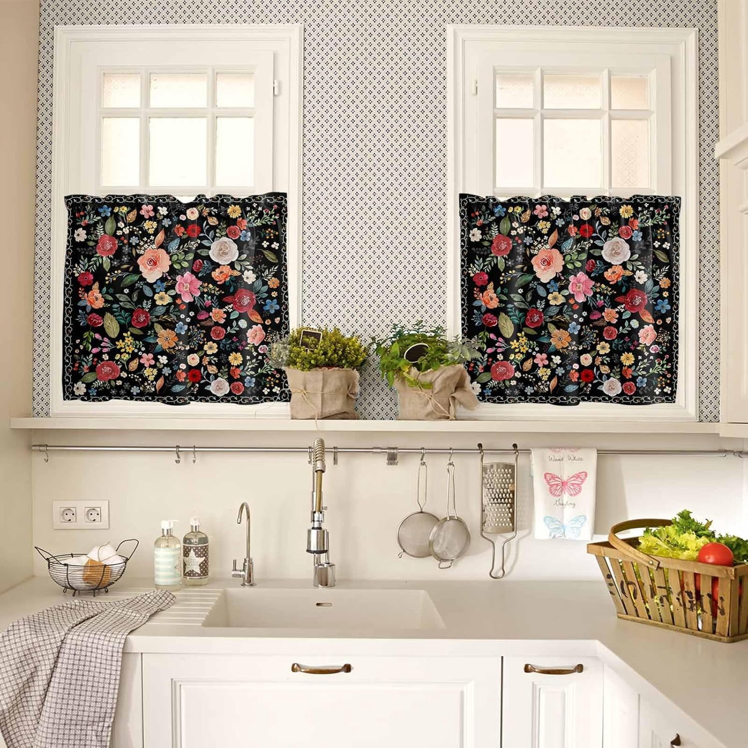Colorful Flowers Kitchen Curtains and Valances Set, Rod Pocket Curtains Tier Farmhouse Window Curtains 36 Inch Length, Spring Summer Botanical Plants Rustic 3 Piece Kitchen Curtains Set