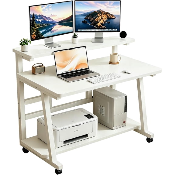 39.4 Inch Compact Rolling Computer Desk with Tier Worktable & Lockable Wheels, Small Computer Desk, Small Desk for Bedroom, Mobile Writing Workstation Easy Assembly for Home Office Small Spaces,white