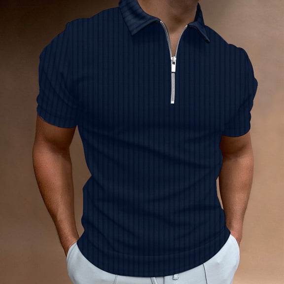 HOWPAY Short Sleeve Polo Shirts for Men Summer Casual Half Zip Solid Color Tops Stretch Breathable Athletic Work Collared Polo T-Shirts Dark Blue L