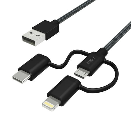 3 in 1 Lightning Cable, USB C Cable, iHaper [Apple MFi Certified] Crging and Sync Cable 1m with Nylon Braided and Bulletproof Material, High Speed Sync and Quick Crge for iPhone, Android,