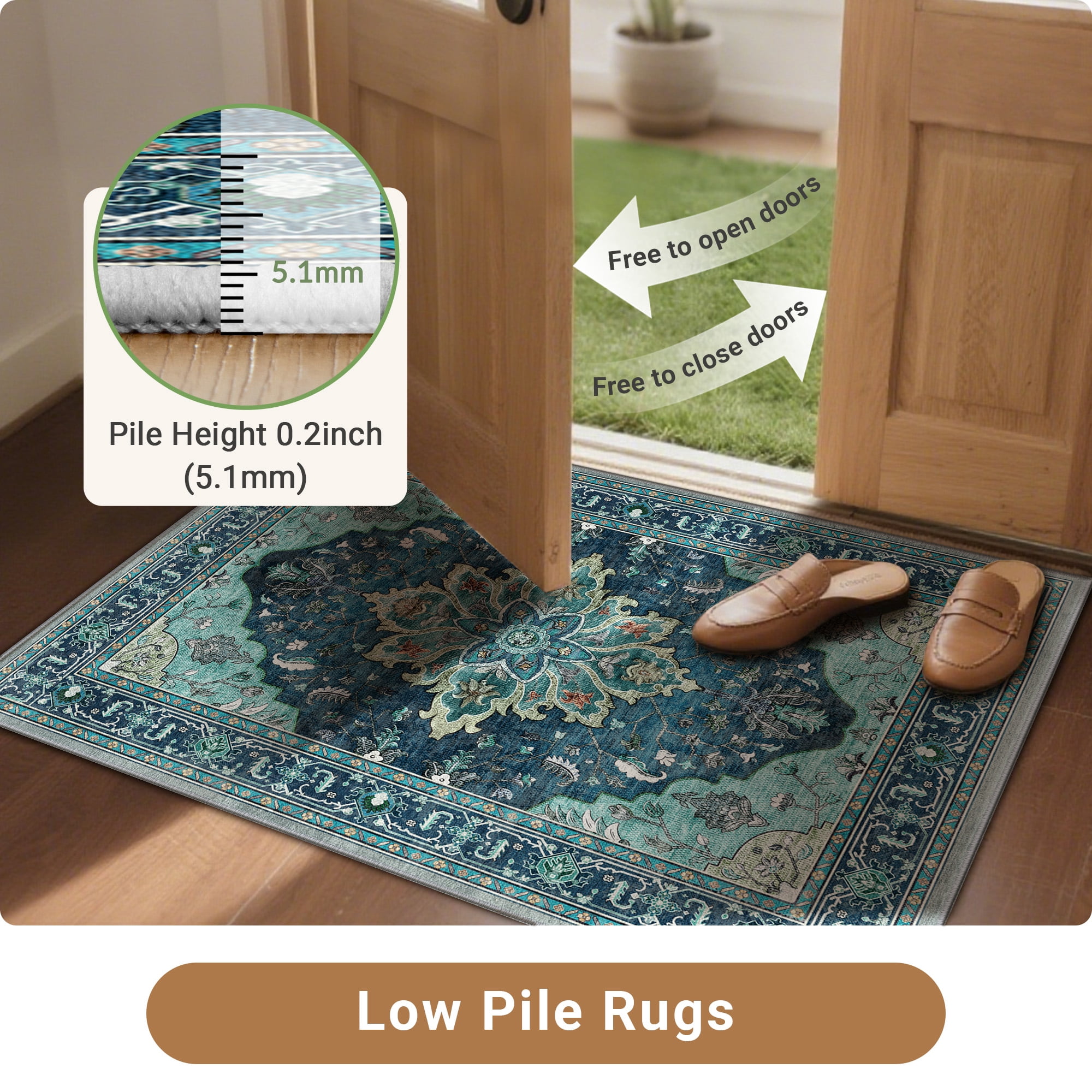 NewBuros 8'x10' Washable Area Rug for Living Room, Non Slip Vintage Distress Print Pattern Floral Rug, Soft Low Pile Indoor Carpet for Bedroom Dining Room, Teal Green
