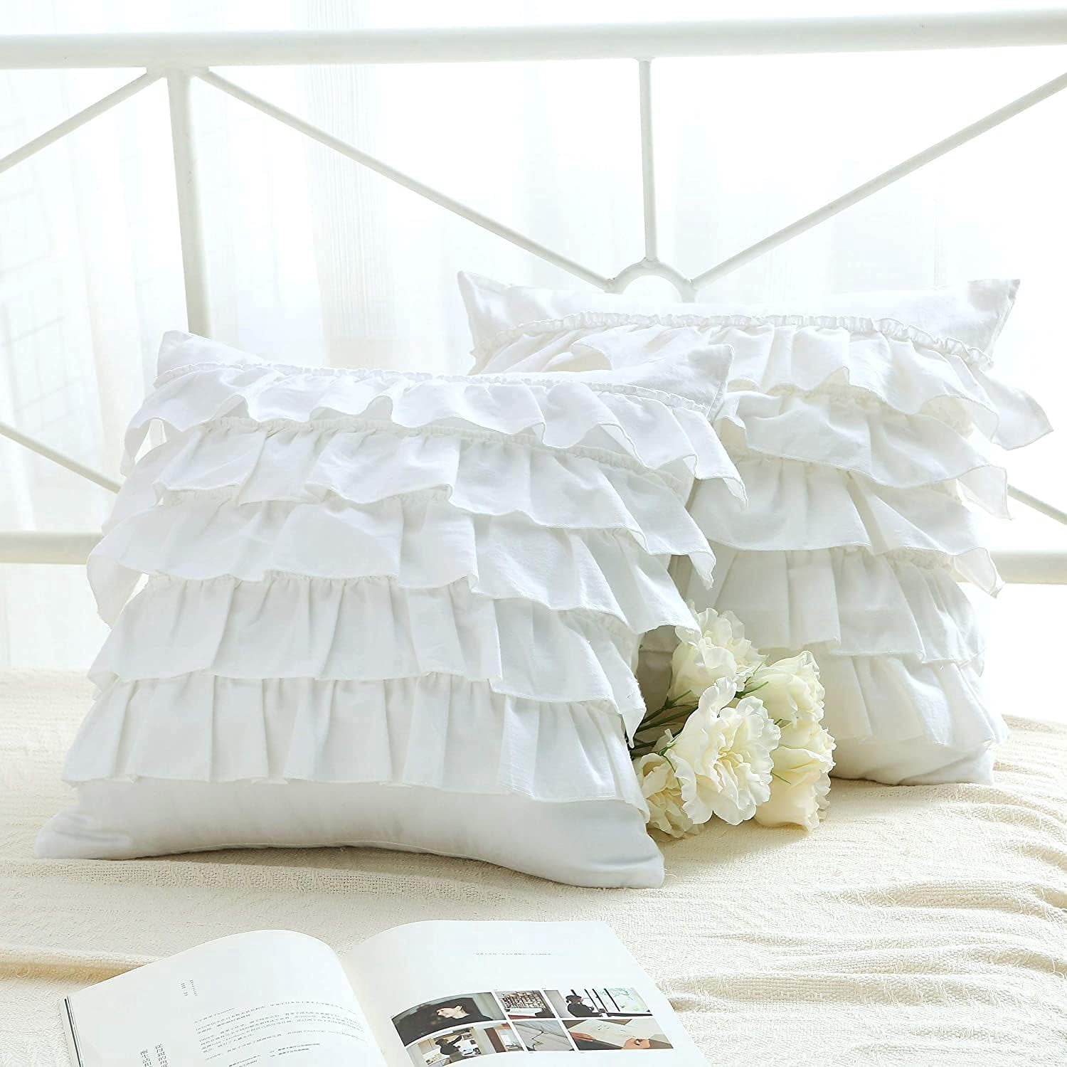 2-Pack Bright White Throw Pillow Covers with Waterfall Ruffles 5 Lays Cushion Cases Egypt Cotton 18"X18"Soft Boudoir