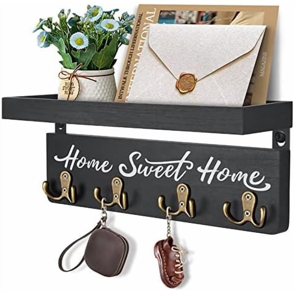 Key Holder for Wall Decorative, Rustic Wooden Key Hanger for Wall with 4 Double Key Hooks, Farmhouse Key Holder Rack and Mail Organizer for Home Entryway Decor(Black)