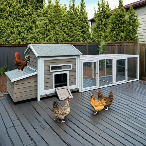 Pefilos 118" Outdoor Wooden Chicken Coop Hen House with Nesting Box, Leakproof Pull-on Tray, Large Rabbit Hutch Poultry Cage, Gray