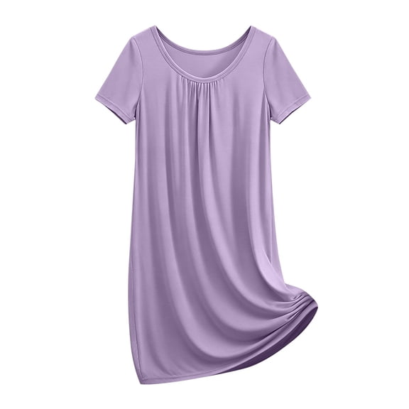 Short Sleeve Nightgowns for Women Pleated Nightshirts Mini Dress Crew Neck Sleepwear Soft Night Gown Sleepdress Women's Dresses Casual Purple XXL