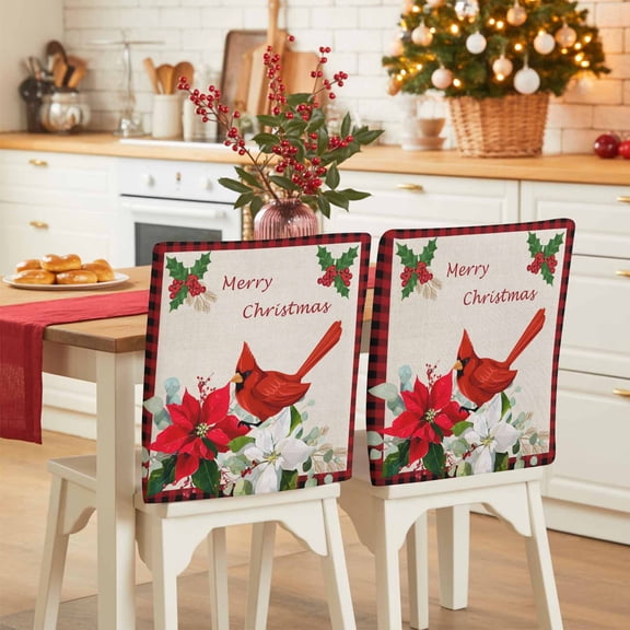Merry Christmas Chair Covers Set of 1 Poinsettia Cardinal Bird Berry Linen Plaid Chair Back Covers Stretch Removable Washable Slipcovers Protector for Dining Room Kitchen Party Decor