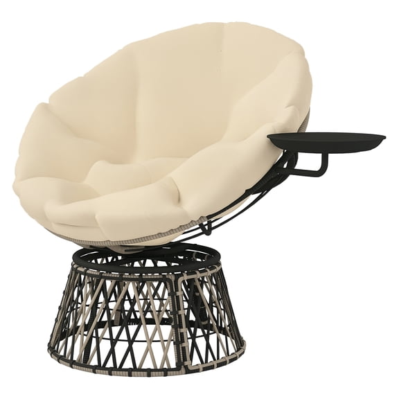 Swivel Papasan Chair Outdoor, 39" Overstuffed Circle Chair with Side Tray, Thick Cushion for Patio Indoor, Beige Wicker