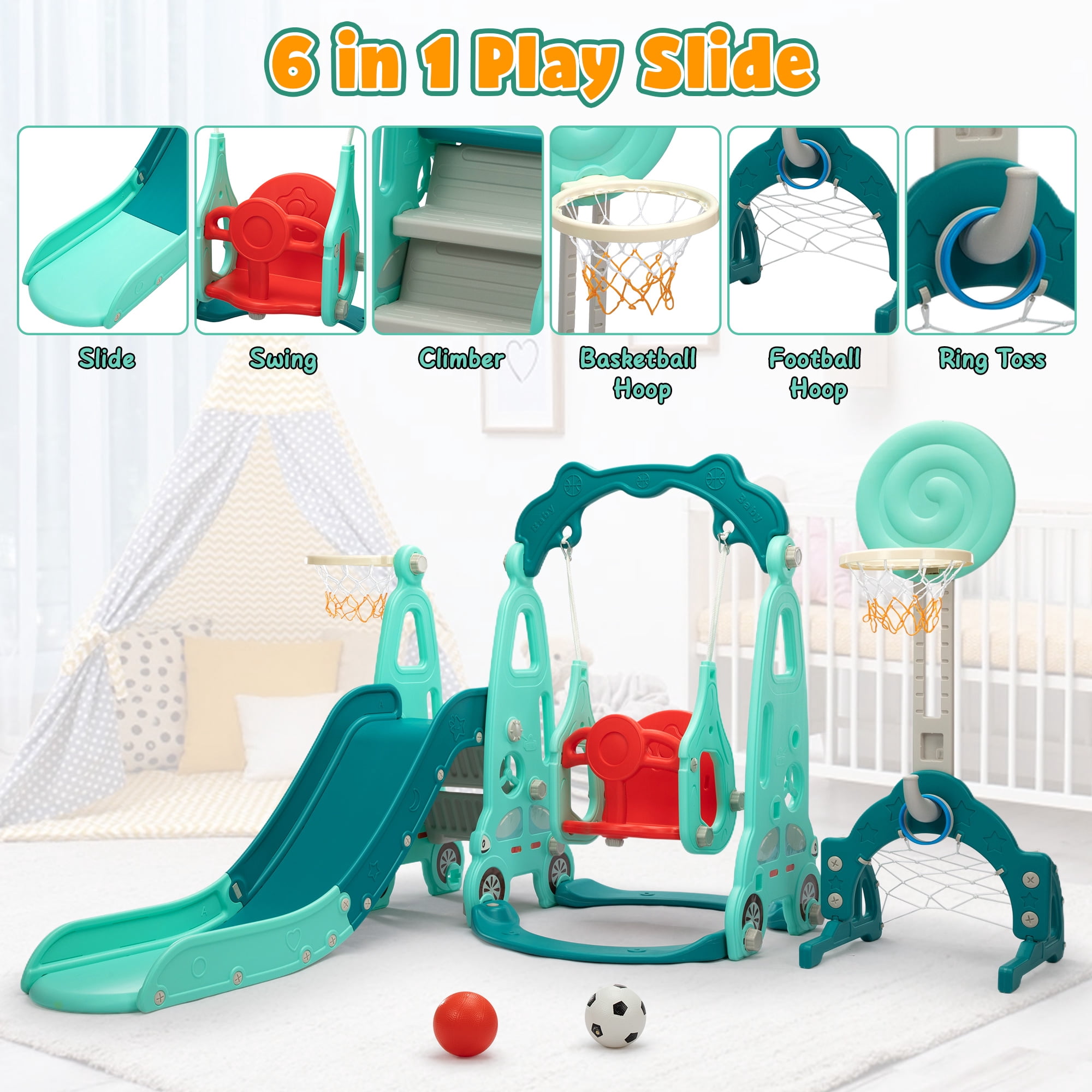 NYEEKOY 5 in 1 Toddler Slide and Swing Set, Indoor and Outdoor Kids Playset with Slide, Swing, Climber, Basketball Hoop and Ring Toss Game, Kids Slide and Swing Playground for Toddlers Age 1-8