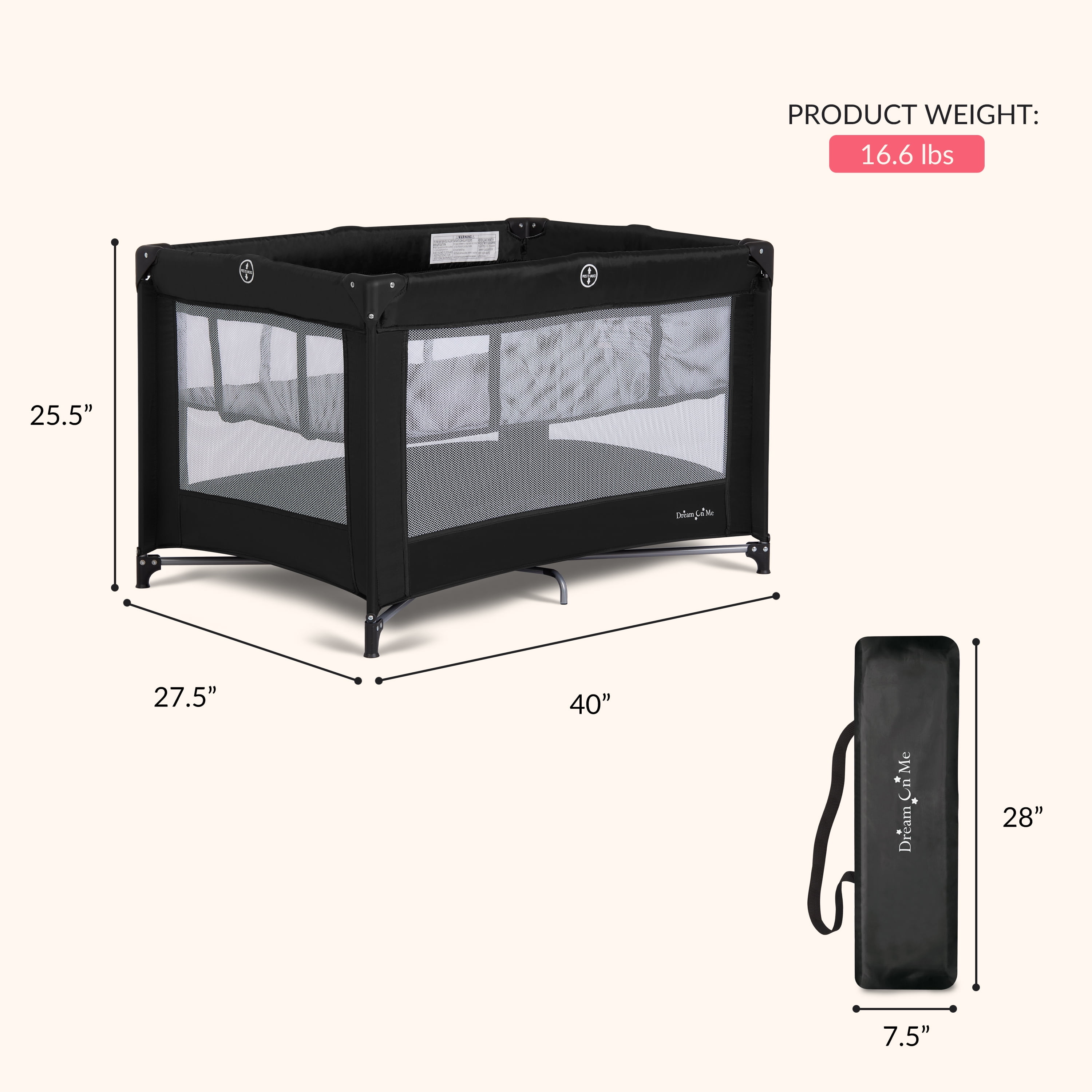 Dream on Me Zazzy Portable Play yard with Bassinet, Black, Unisex