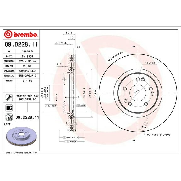 Brembo OE UV Coated Front Left Rotor for Mercedes-Benz 500E, 500SL, 600SL * Part Number 09.D228.11