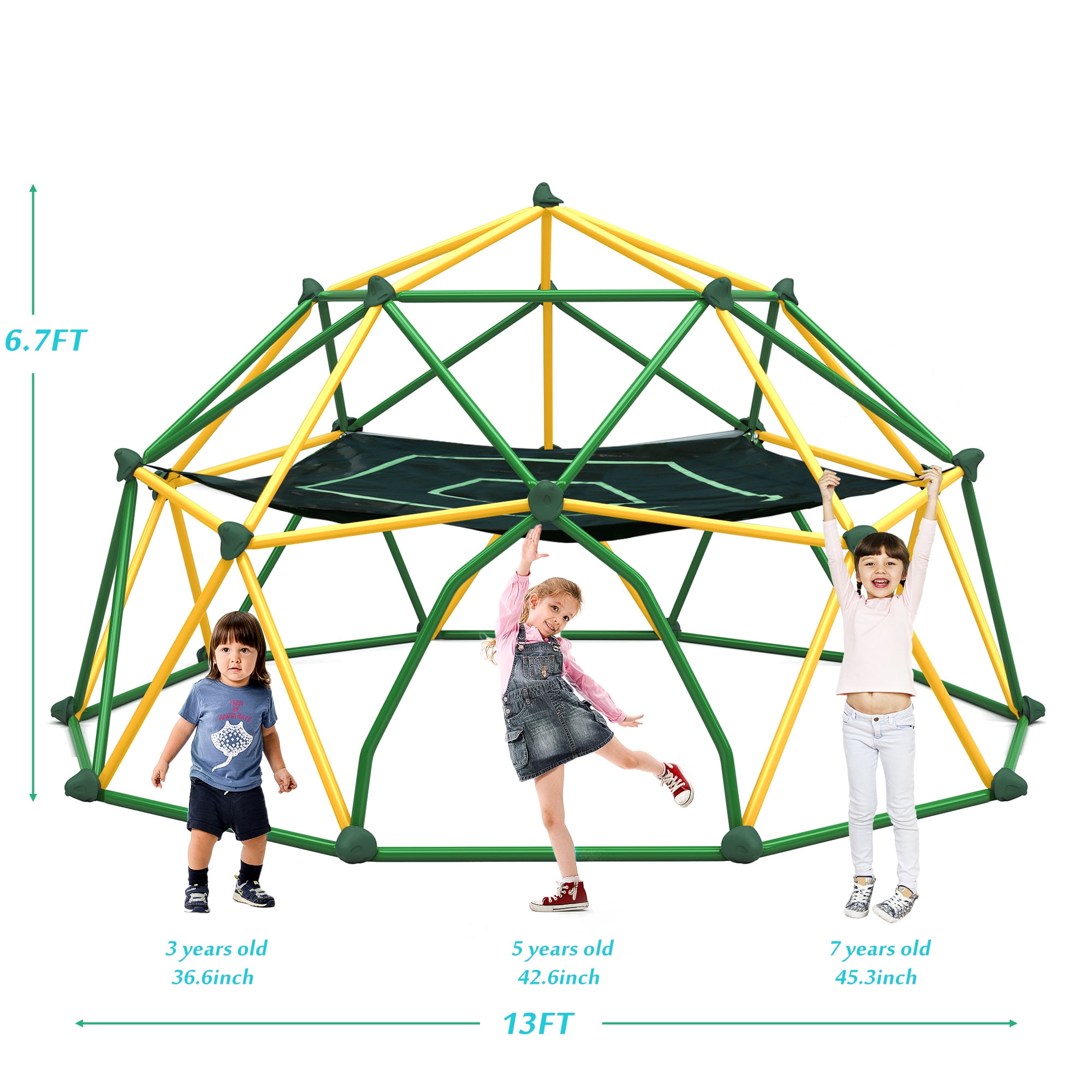 13ft Geometric Dome Climber Play Center for Kids, Climbing Dome Tower with Hammock, Rust & UV Resistant Steel Supporting 1000 LBS, Green & Yellow Outdoor Jungle Gym