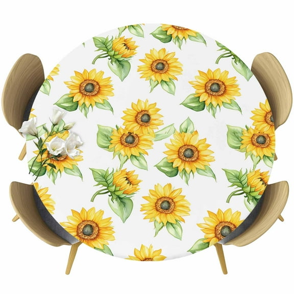 Sunflower Round Tablecloth 55-60 Inch Round Fitted Table Cloth with Elastic Edge, Yellow Summer Floral Watercolor Waterproof Table Cover Protector for Outdoor Picnic Party Dining