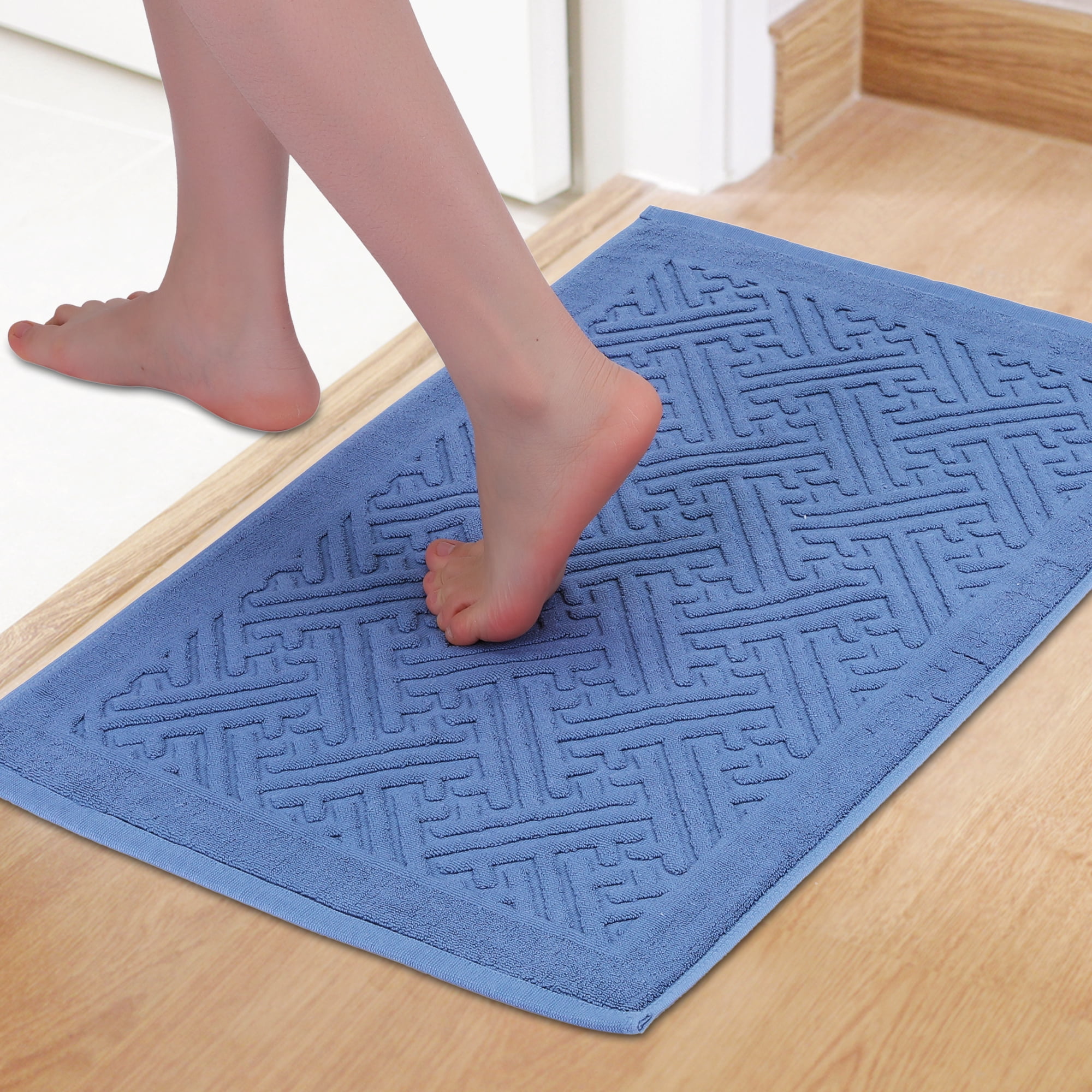 Unique Bargains Luxury Bath Mat Cotton Absorbent Hotel Spa Shower Floor Towel Blue