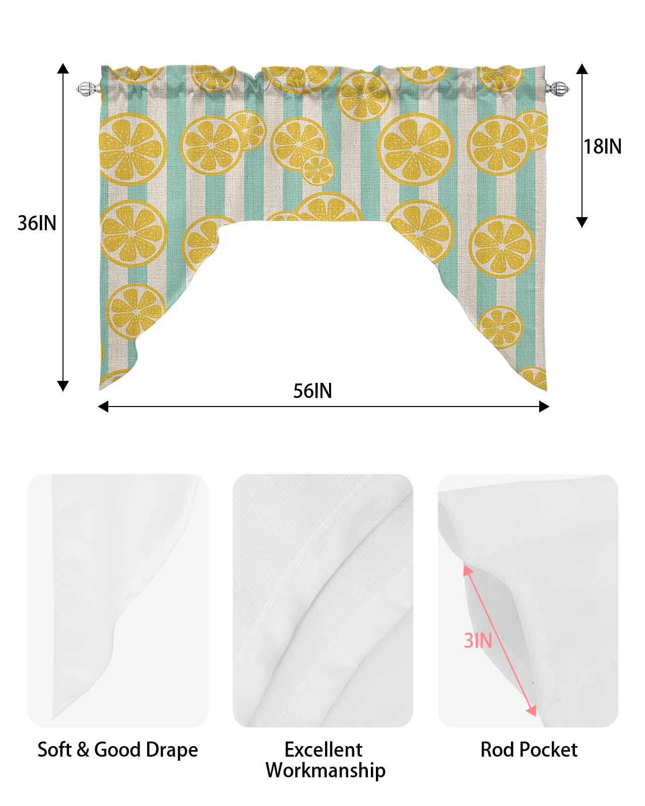 Yellow Lemon Swag Valance and Tier Curtains Set Teal Stripes Linen Background Kitchen Curtains 3 Piece Set Rod Pocket Panels for Bedroom Cafe 56x36 inch
