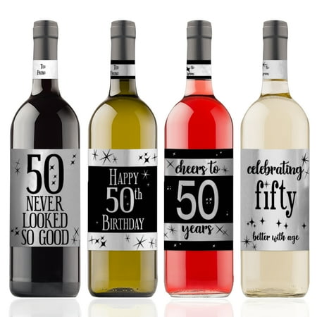 Wine Bottle Tags Silver Foil 50th Birthday Wine Labels 4ct - Black and Silver Birthday Party Supplies - 4 Wine Bottle Stickers with Gift Tags ()