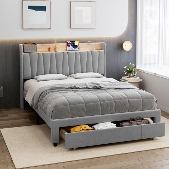 Bingirl Upholstered Bed Frame with Storage Headboard and Charging Station Platform Bed Frame with Drawers Heavy Duty No Box Spring Needed Easy Assembly Grey Queen Size