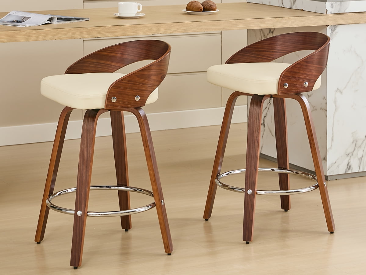 25" Counter Height Bar Stools Set of 4, Wood & PU Leather Counter Stools, Modern Swivel Bar Stools for Kitchen Counter Island, Barstool Chairs, Sillas Para Barra de Cocina (Beige, 4 Pcs)