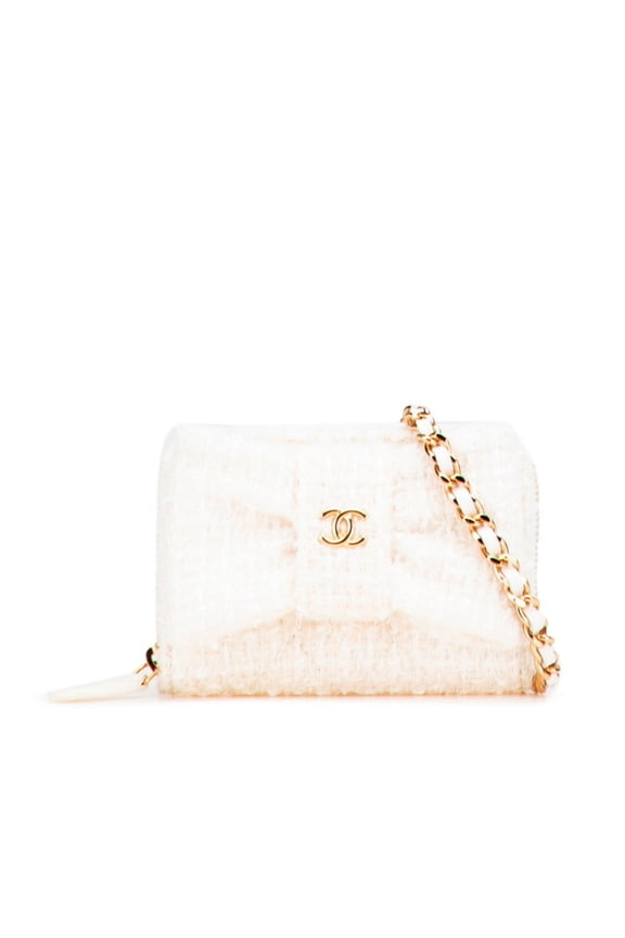Pre-Owned Chanel Coco Mark Ribbon Mini Chain Wallet, Wallet/Coin Case, White, Gold, Tweed,...