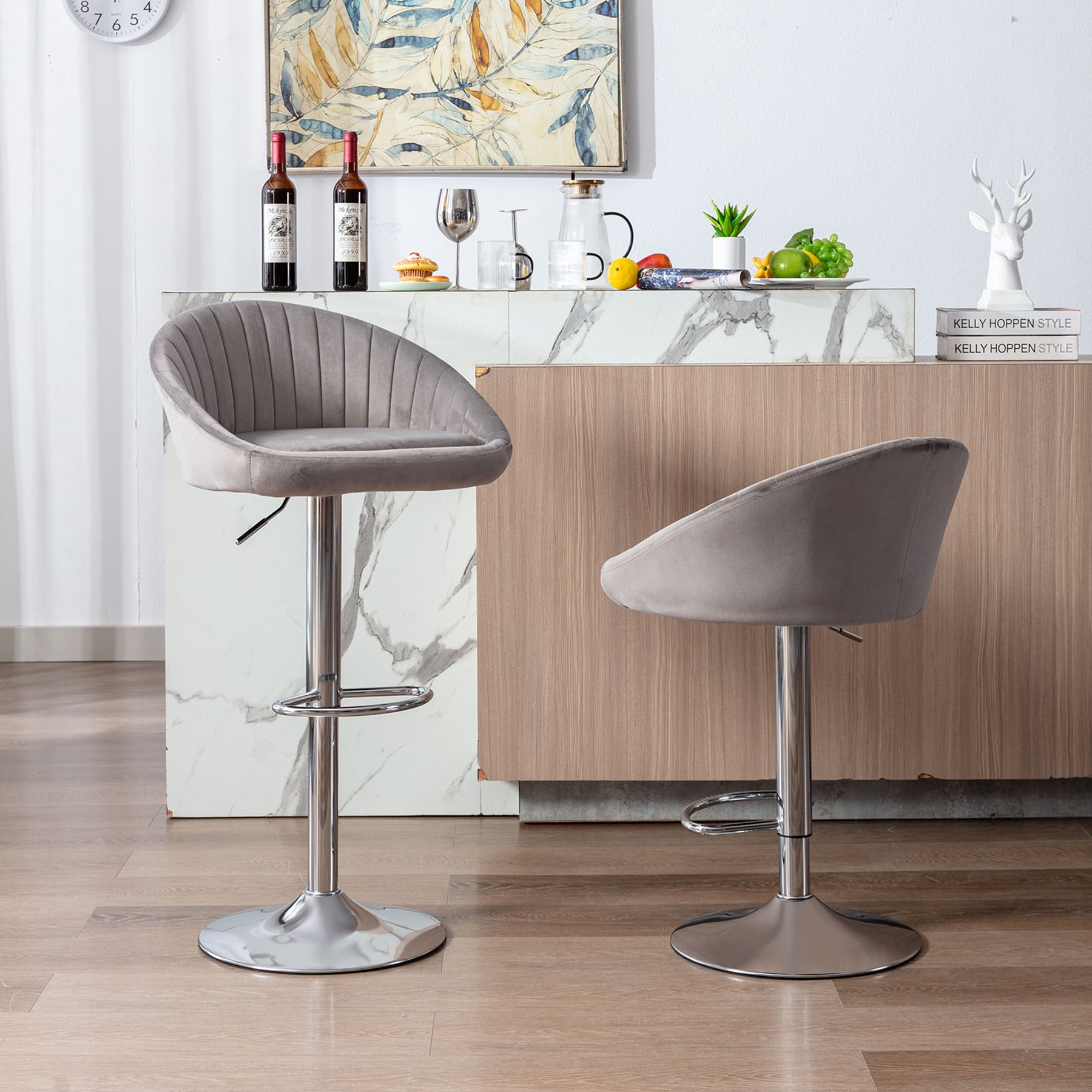 Bar Stools Set of 2, Modern Velvet Adjustable Counter Height Bar Stools