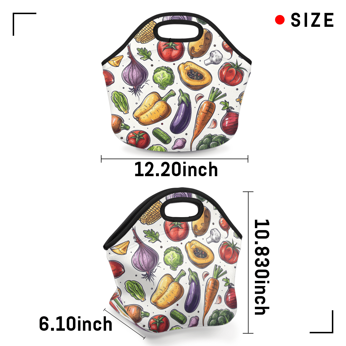 Herdesigns Vegetable Neoprene Lunch Bag, Food Insulated Lunch Box for Women Men Washable Lunch Tote Soft Lunch Container With Zipper for Work Picnic Travel
