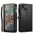 thumbnail image 2 of ELEHOLD Zipper Wallet Case for iPhone 15, Special Leaf Pattern with Card Holders Zipper Pocket Kickstand Detachable Shoulder Strap Handstrap Shockproof Case for 6.1 Inch iPhone 15,Black, 2 of 13