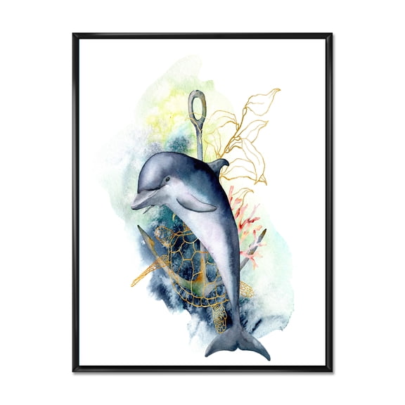Linear Coral Reef Plants and Dolphin Turtle Anchor 12 in x 20 in Framed Painting Canvas Art Print, by Designart