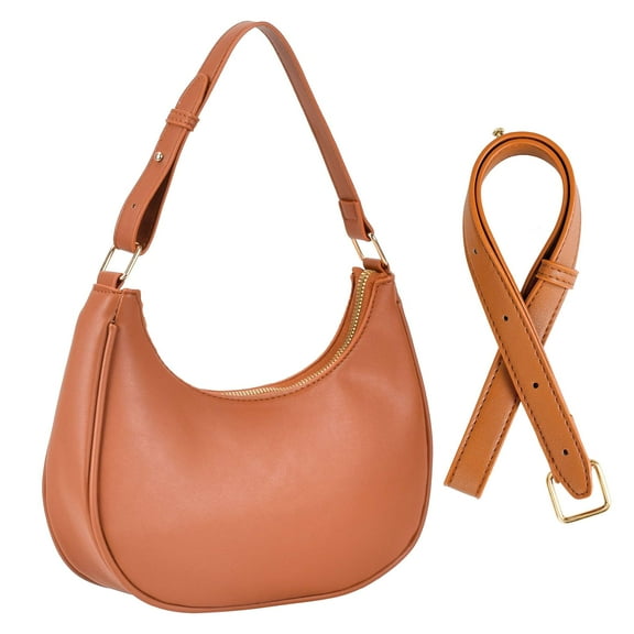 PULLIMORE PU Leather Crescent Shoulder Bag - Adjustable 2-Strap Purse for Women, Fits Phone/Wallet (Brown)