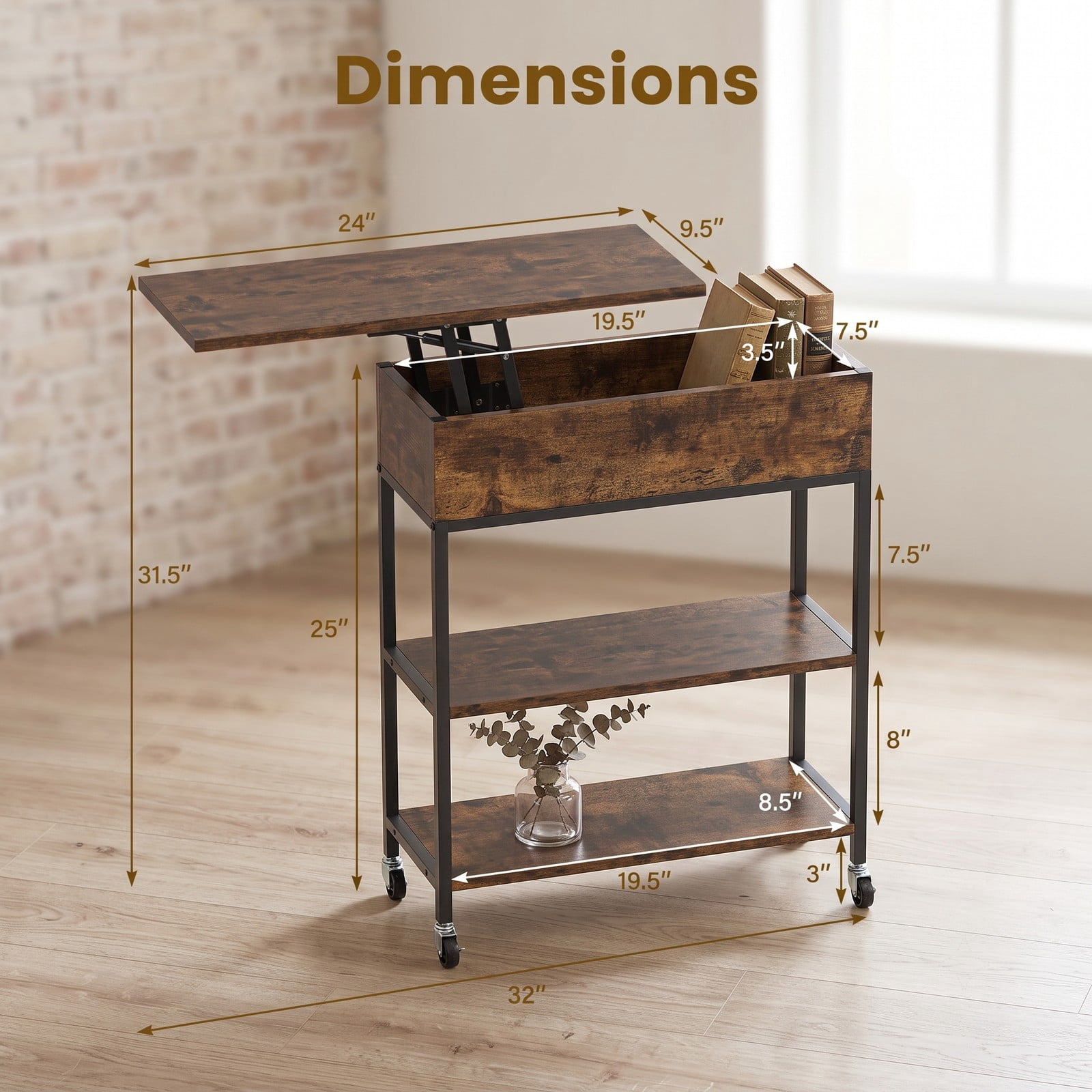 Furnibear Lift Top End Table with Charging Station and Universal Wheels, Rolling Side Table with Hidden Storage Compartment, USB & Type-C Ports, AC, Rustic Brown