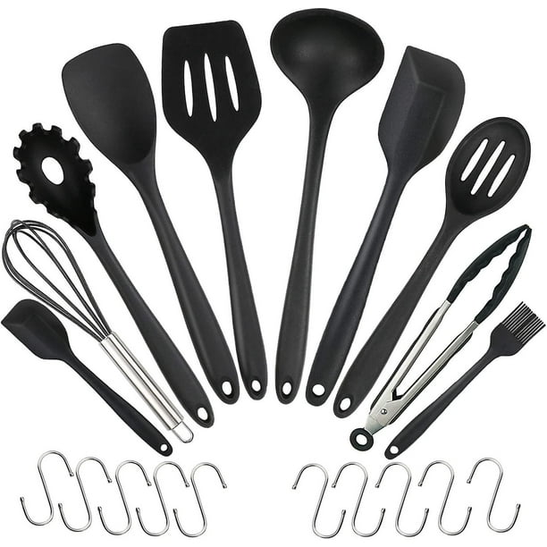 Juego de 20 utensilios de cocina de silicona, utensilios de cocina de silicona resistentes al calor, utensilios de cocina antiadherentes para hornear, 10 juegos + 10 ganchos en forma de S, color negro