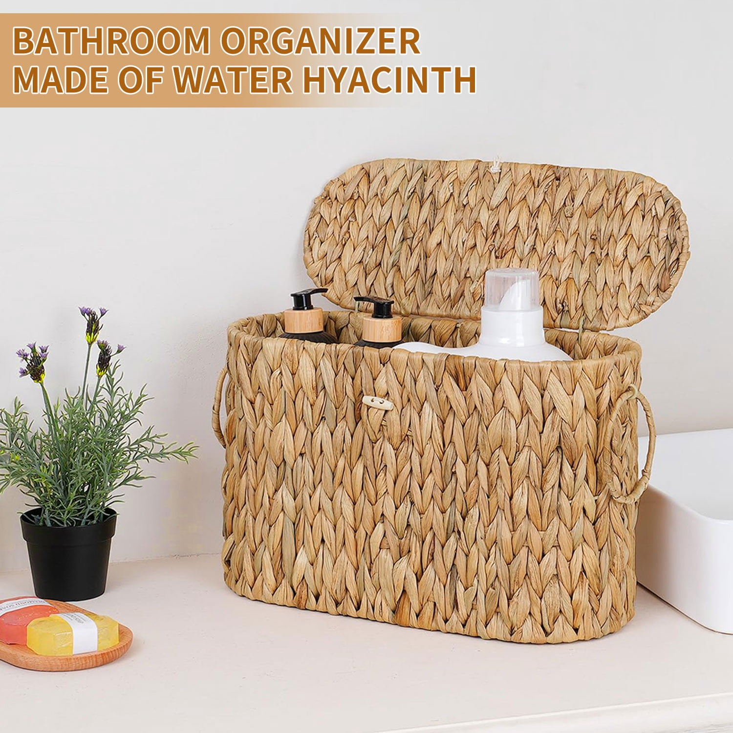 YAOYAO LAND Toilet Paper Storage Basket with Lid, Water Hyacinth Slim Toilet Paper Holder - Holds Up to 6 Mega Rolls, Wicker Basket for Bathroom Organization, Natural