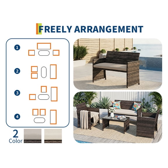 4-Piece All-Weather Rattan Patio Bar Set, Outdoor Conversation Furniture with Cushioned Chairs & Bar Table, Durable Design for Backyard, Garden & Porch, Brown Gradient Wicker/Beige Cushion