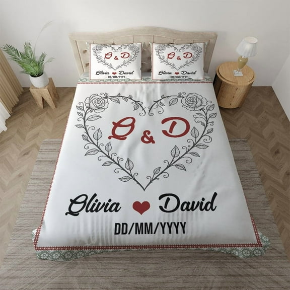 Personalized Couple Bedding Set with Names & Date – Romantic Heart Design Duvet Cover & Pillowcase for Anniversary, Wedding, Valentine Gift