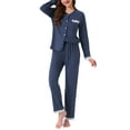 thumbnail image 2 of Womens Pajamas Sets Lace Trim Long Sleeve Button Down Sleepwear Elastic Waist Pant Loungewear with Pockets 2XL Dark Blue, 2 of 6