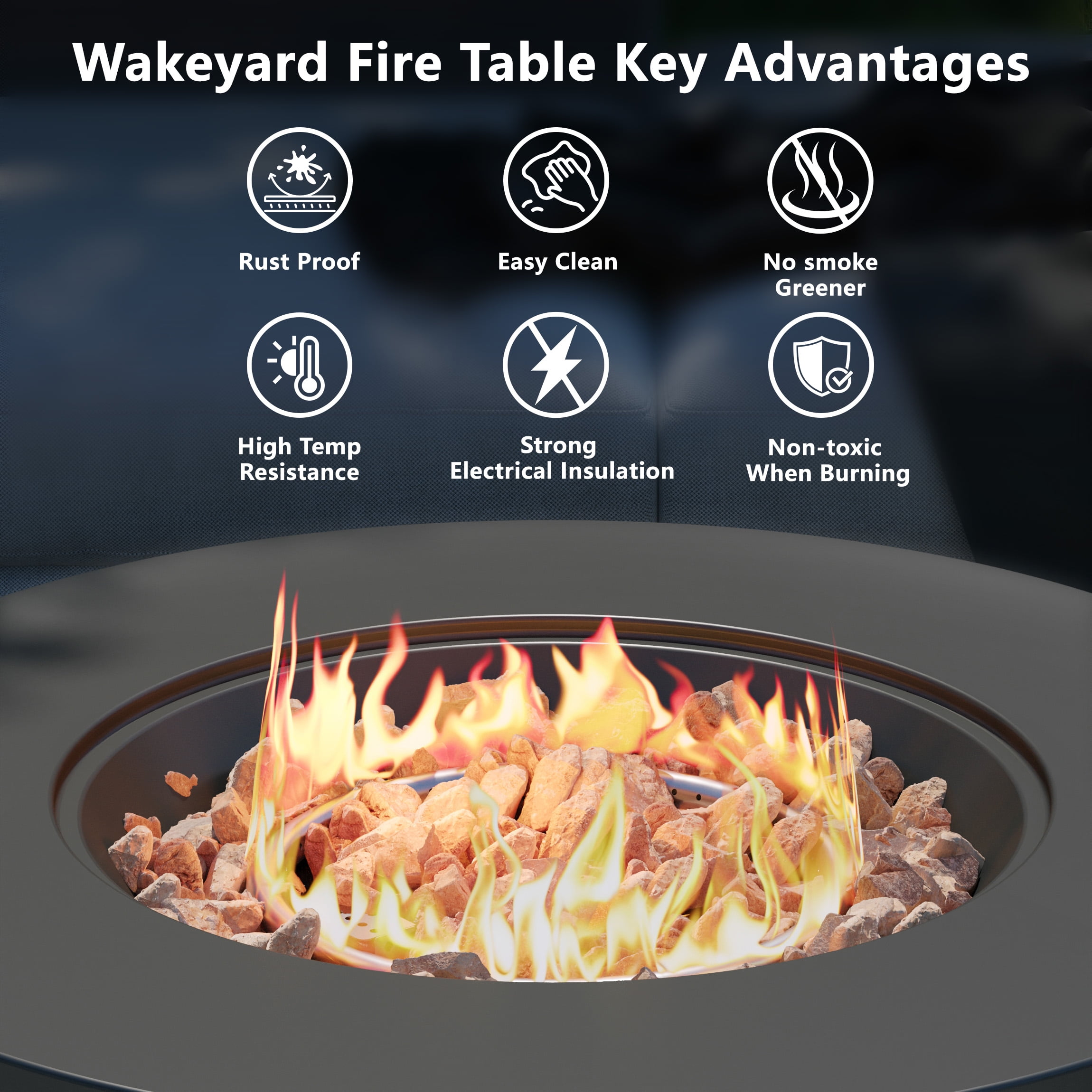 Wakeyard 32.5 inch Round Propane Fire Pit Table, 50000 BTU, Includes Lava Rock,Black
