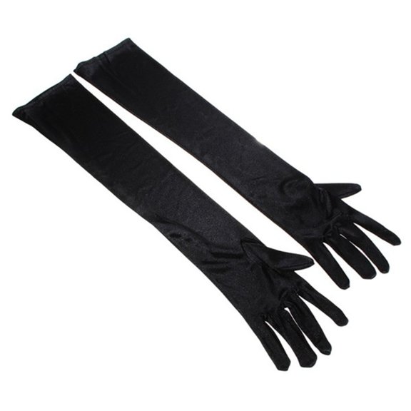 PUMXQ Women's Plain Stretch Satin Formal Gloves, Elbow-Length Full Closed Finger Soft Elastic Opera Evening Gala Accessory for Bridal Wedding Prom Dance Black XL