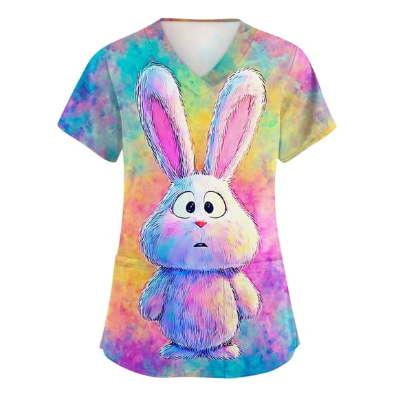 Easter Women Scrub Tops Bunny Eggs Print Short Sleeve V-Neck Shirts Casual Soft Nursing Uniforms T-Shirts with Pockets, #01 Pink, XXL