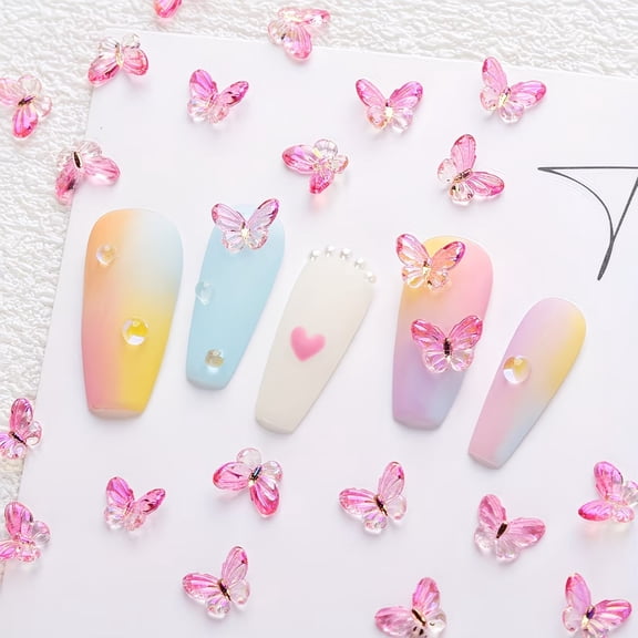 20 Pieces Ombre Pink Resin Butterfly Nail Charms with Rhinestones - Elegant Nail Art Accessories for Stunning Designs