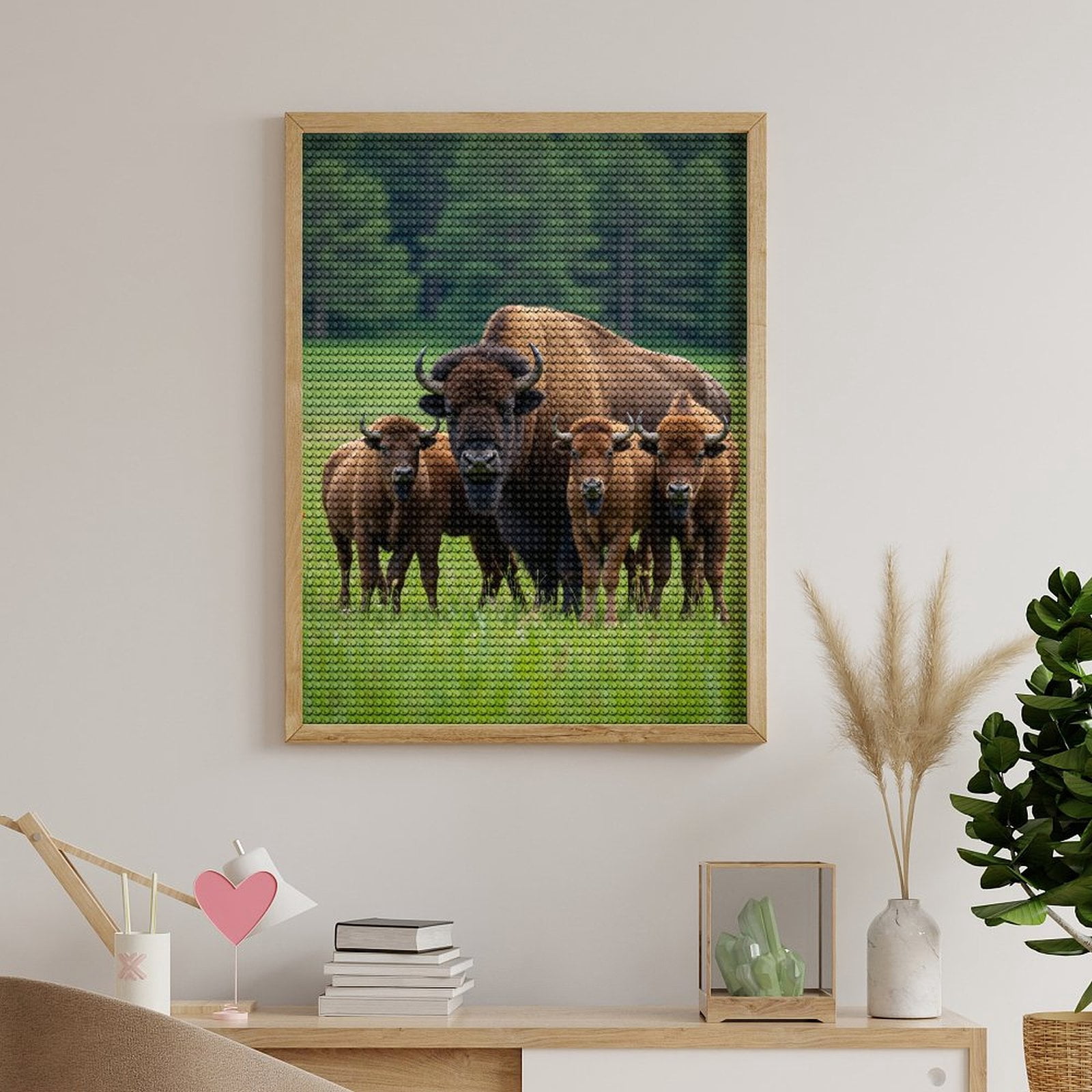 Diamond Art Kits for Adults, Bison Family In Lush Green Field 5D Diamond Painting Kits for Adults Beginners, DIY Full Drill Diamond Painting, Gem Art and Crafts 12x16