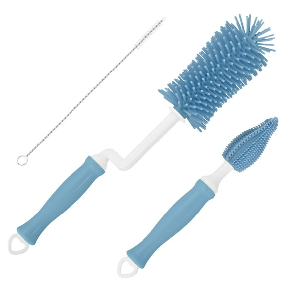 Uxcell 3Pack Silicone Bottle Cleaning Brush, 360 Rotation Long Curved Handle Water Bottles Cleaner Kits (Blue)