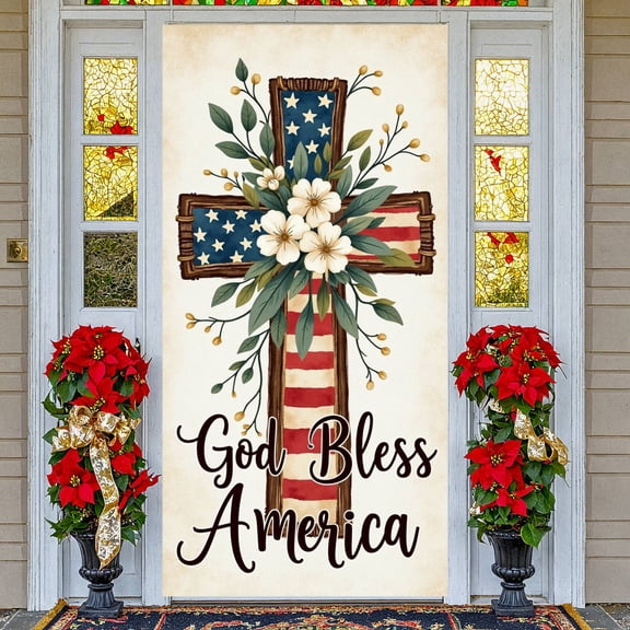 Red White Blue Color Scheme God Bless America Banner Cross  Christian Patriotic Backdrop Floral Decor Vintage Style National Pride Background for 4th of July Celebration Church Events Patriotic