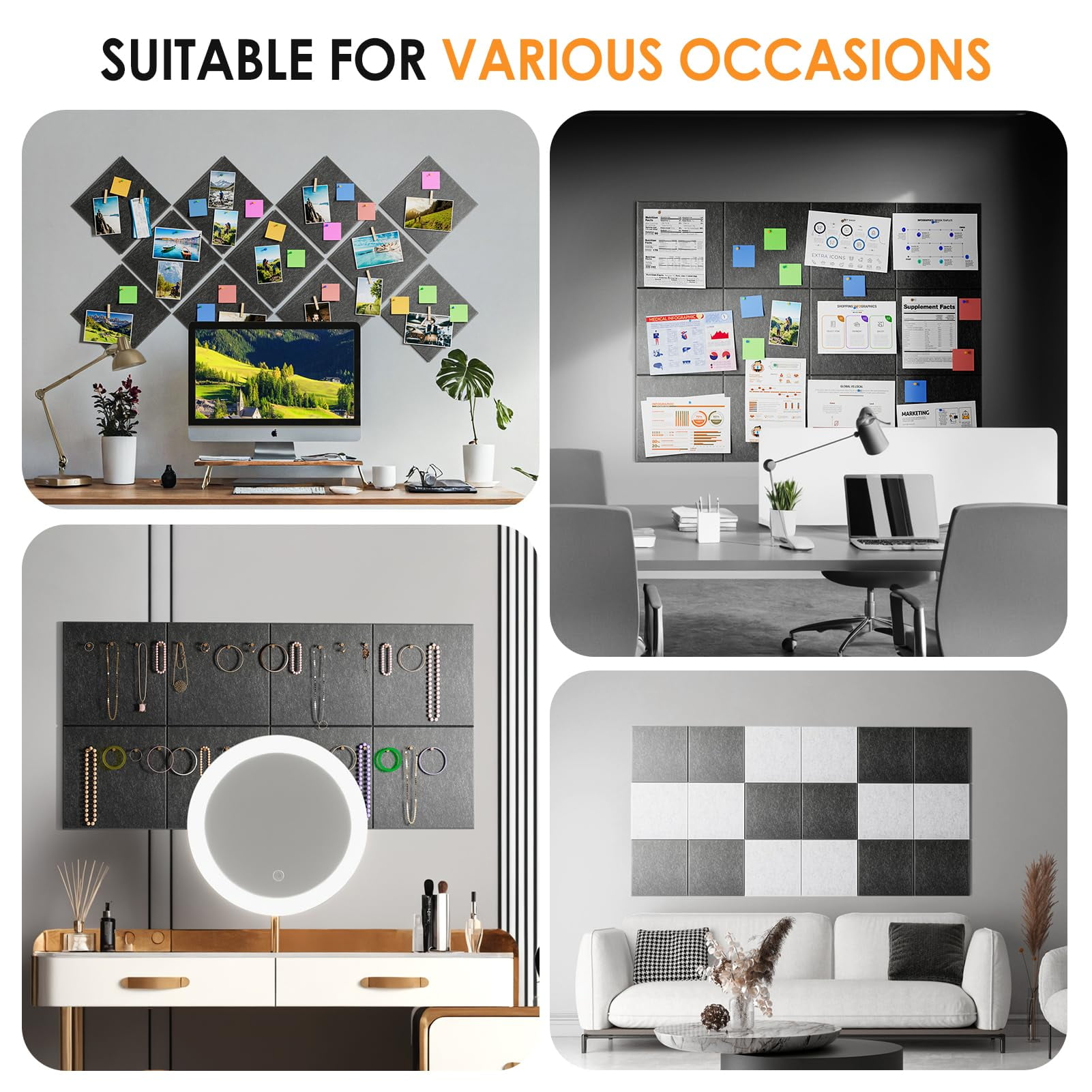 MaxGear Large Cork Board for Wall 48" x 36", 12 Pack Felt Wall Tiles with Pushpins, Dark Gray Bulletin Board, Pin Board Tack Board for Office, Home, Decoration